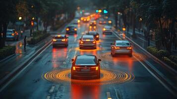Vehicles navigate a smart road equipped with advanced sensor technology, showcasing automated connectivity and communication amid rainfall in a bustling city environment. photo