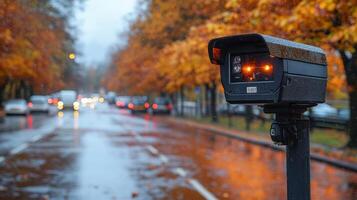 Advanced sensors are strategically placed along the roadway, monitoring traffic flow amid beautiful autumn foliage. The wet pavement reflects the vibrant colors, ensuring safety and connectivity. photo