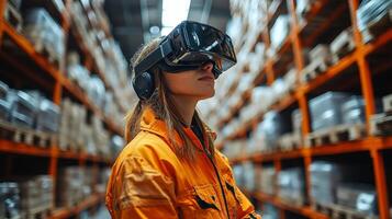A worker in a bright orange uniform wears a virtual reality headset while navigating aisles filled with products in a logistics warehouse, showcasing automation in supply chain management. photo
