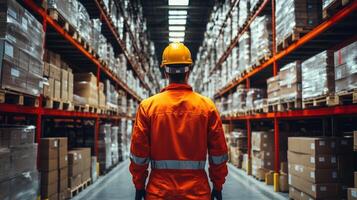 A logistics worker in bright safety gear stands among towering shelves filled with boxes in an automated warehouse. Efficient sorting and distribution are visible. photo