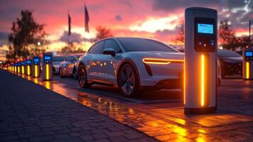 A modern electric vehicle charging station illuminated by ambient lights attracts EVs at sunset, highlighting the shift toward renewable energy and sustainable transportation solutions. photo