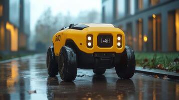 A robotic delivery vehicle designed for last mile logistics travels on a wet surface in an urban setting, demonstrating automation and mobility under rainy conditions. photo