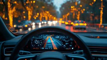 An autonomous vehicle is driving along a well lit urban road adorned with colorful lights. Advanced sensors and connectivity systems facilitate its navigation, enhancing mobility and logistics. photo