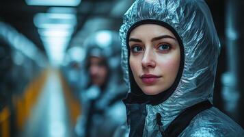 Two logistics specialists in protective suits focus on tasks in a cutting edge automated warehouse filled with advanced transportation technology and efficient mobility systems. photo