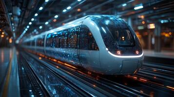 A sleek smarttrain, equipped with automation and AI features, is poised for departure in a cutting edge transportation hub, highlighting advancements in logistics and infrastructure. photo