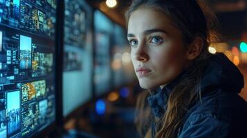 The logistics automation expert focuses intently on multiple screens displaying real time data. This occurs late at night in a cutting edge transportation facility, emphasizing efficient operations. photo