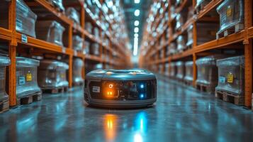A sophisticated autonomous robot is efficiently maneuvering through a well organized warehouse filled with inventory, showcasing modern logistics and transportation capabilities in action. photo
