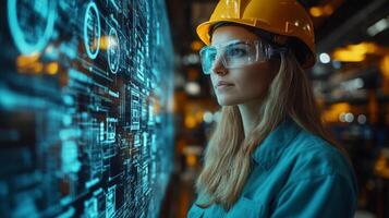 Woman wearing safety gear observes digital data on screens in an advanced logistics facility focused on transportation and automation. She evaluates system efficiency in real time. photo