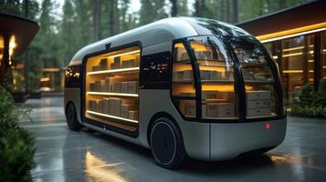 A state of the art autonomous delivery vehicle is parked in a contemporary urban setting, featuring automated shelves filled with packages ready for distribution. photo