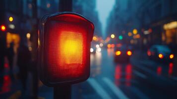 Red traffic signal stands out amidst blurred vehicles in a busy urban street during twilight, indicating pauses in mobility and emphasizing smart road technologies and sensor integration. photo