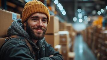 A young man with a beard wearing a cozy knit hat smiles while standing in a busy logistics center filled with boxes, highlighting the role of automation and mobility in distribution. photo