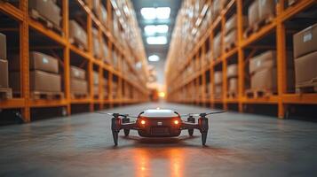 A modern drone navigates through a spacious warehouse filled with neatly stacked cardboard boxes, showcasing automation in logistics and transportation. photo