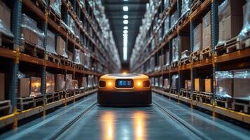 A mobile robot navigates through a vast warehouse, transporting packages along well organized aisles, showcasing the future of logistics and automated fulfillment operations. photo