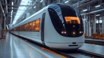 A sleek autonomous train stands ready in a futuristic transport facility, showcasing innovations in logistics, automation, and smart mobility systems, emphasizing efficiency and technology. photo