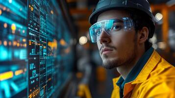 A worker in a logistics center analyzes digital information on a screen, highlighting the importance of automation in modern transportation and warehouse operations. photo