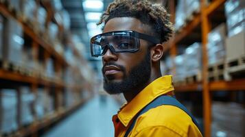 Focus on a warehouse worker equipped with high tech safety goggles in a busy logistics center, highlighting the importance of automation and safety in distribution operations. photo