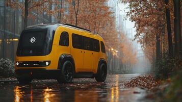 An advanced autonomous delivery vehicle operates along a wet city street lined with trees displaying autumn foliage, signaling a shift towards automated transportation solutions. photo