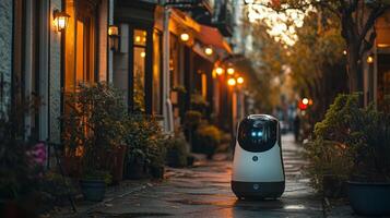 A delivery robot moves down a quiet city street, illuminated by soft lights from nearby establishments, showcasing advancements in automated delivery systems and infrastructure. photo