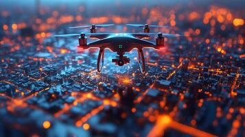 High above a bustling city at twilight, a drone navigates through the illuminated skyline, highlighting technological innovations in logistics and transportation automation. photo