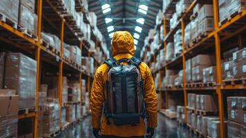 A worker in a bright yellow jacket stands in a well organized warehouse, looking at rows of packed boxes. The environment is busy with ongoing logistics and distribution activities. photo