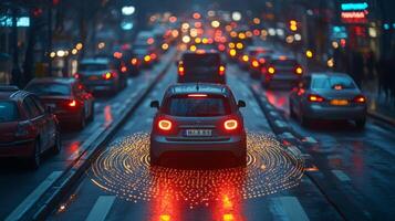 A city street bustling with traffic shows an autonomous vehicle utilizing advanced connectivity and sensor technology. Raindrops create a reflective surface, enhancing the high tech atmosphere. photo