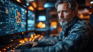 A logistics operator works diligently at a control center, monitoring real time data on screens to optimize transportation and warehouse operations during peak hours. photo