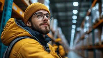 A logistics worker in bright attire sits confidently in a warehouse filled with stacked packages. He observes the automated systems and efficiency of the distribution center during operation hours. photo