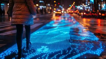 Urban street showcases advanced smartroad technology with illuminated patterns guiding pedestrians while vehicles navigate the roadway, emphasizing safety and connectivity after dark. photo