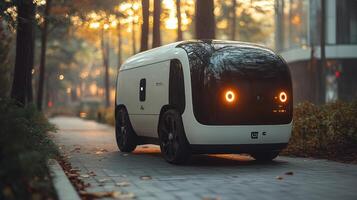 A robotic delivery vehicle navigates a tree lined city pathway, highlighting innovations in transportation and automation in the logistics sector as autumn leaves fall. photo