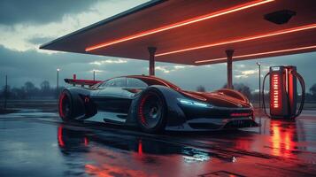 A cutting edge electric vehicle is parked at a stylish charging station under a striking canopy as daylight fades, featuring advanced design and bold aesthetics that highlight renewable technology. photo