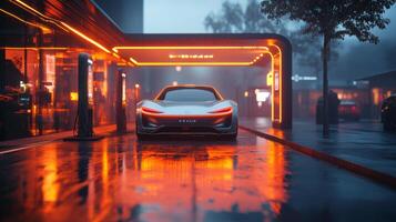 A sleek electric vehicle is positioned at a modern charging station illuminated by vibrant neon lights, creating a captivating atmosphere amidst the rainy urban environment. photo