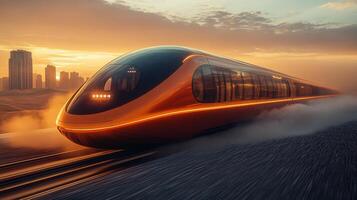 A sleek smart train powers down tracks against a stunning sunset backdrop, illustrating the future of transportation with automation and AI enhancing mobility efficiency. photo