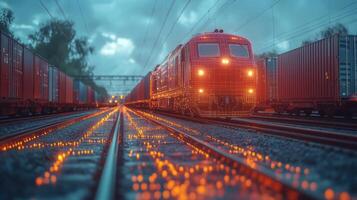 A futuristic train system is depicted along a railway with glowing tracks, emphasizing automation and AI technology in transportation and infrastructure. photo