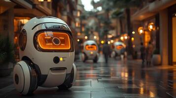 Delivery robots equipped with advanced technology moving through a vibrant urban environment, showcasing automation and last mile logistics in action. photo