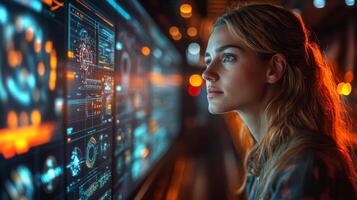 A person studies an advanced interface displaying data related to logistics, transportation automation, and smart systems. The environment reflects a focus on future mobility solutions. photo