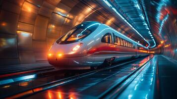 A high speed train moves swiftly through a futuristic tunnel illuminated by vibrant lights, highlighting advancements in transportation and automation technology. photo