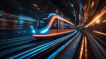 A high speed smarttrain operates on a modern underground track, utilizing cutting edge automation technology. Dynamic lights enhance the speed and movement through the tunnel. photo