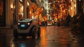 A small autonomous delivery robot moves along a well lit street adorned with festive decorations. People walk by, and the atmosphere is lively with warm lights and autumn leaves. photo