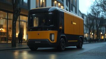 Modern delivery vehicle showcases robotics and automation for efficient last mile transportation while navigating a city street during a cloudy day. photo