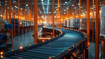 An automated conveyor system winds through an organized logistics center, transporting packages efficiently. Bright lights illuminate the warehouse's vibrant infrastructure during operation. photo