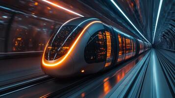 An autonomous train moves swiftly through a futuristic tunnel, showcasing cutting edge technology in transportation and infrastructure, illuminated by vibrant light displays. photo