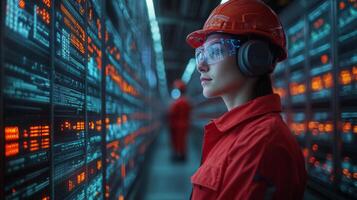 A logistics expert in safety gear observes advanced automated systems in a modern warehouse setting designed for efficient transportation and distribution processes. photo