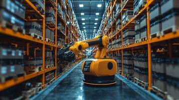 A robotic arm operates within a brightly lit logistics center, efficiently sorting and moving packages among tall shelves filled with goods. This automated system streamlines warehouse operations. photo