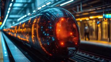 A futuristic smarttrain awaits at a transportation hub, illuminated by vibrant lights, embodying the intersection of automation and modern logistics. This vision of mobility emphasizes efficiency. photo