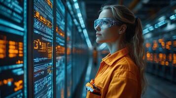 A logistics expert in an orange uniform analyzes data on digital screens inside a high tech distribution facility, emphasizing automation and operational efficiency in supply chain processes. photo