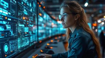 Skilled logistics expert monitors multiple digital displays in a control room, overseeing automated processes in transportation and distribution networks during operational hours. photo