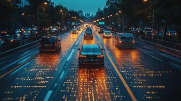 Evening traffic showcases vehicles equipped with advanced sensors and smart road technology, demonstrating enhanced connectivity and automation for efficient urban mobility and safety. photo