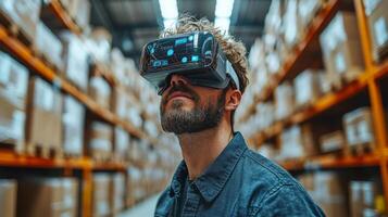 Virtual reality technology is utilized within a logistics center for training and improving decision making processes, while surrounded by organized warehouse shelves filled with boxes. photo