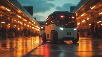An autonomous delivery robot moves through a busy logistics center at twilight, showcasing advanced technology in last mile delivery and automated transportation solutions. photo