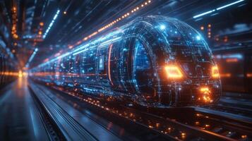 A smart train equipped with advanced technology travels along a high tech track illuminated by dynamic lights, demonstrating the future of logistics and mobility through automation. photo